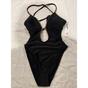 Shade & Shore One Piece Swimsuit Women's Small 4/6 BOHO Tribal Black Beads NEW